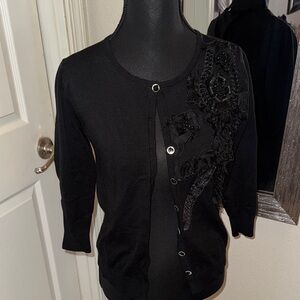 August Silk Black Cardigan with Lace Detail